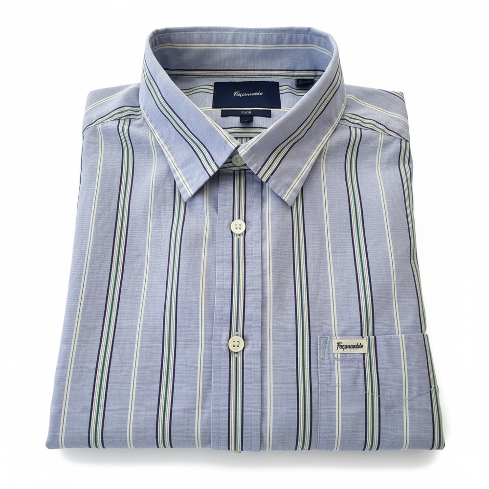 Faconnable Club Dress Shirt Men's L 100% Cotton Blue Green Stripe Preppy